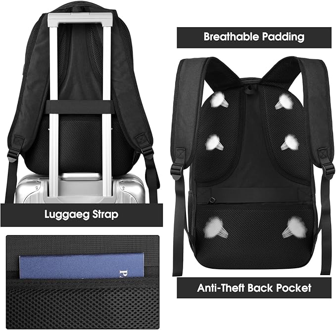Backpack for Men and Women, School Backpack for Teens, Black Backpack for Boys with USB Charging Port Fits 15.6 Inch Laptop, Water Resistant Travel College Bookbag