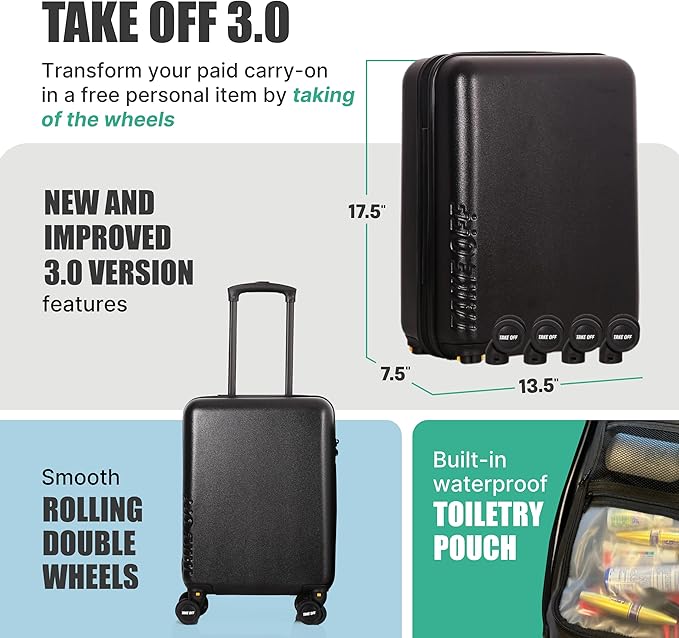Take OFF Luggage Personal Item 3.0 – 18x14x8 Underseat Carry On with Removable Wheels – TSA Lock, Hardshell Suitcase – Fits Tight Airline Size Rules – No-Fee Lightweight Travel Bag