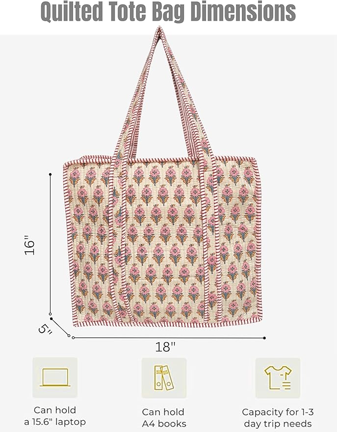 Cotton Quilted Tote Bag for Women – Large Beach & Travel Tote with Zipper, Reusable Grocery Bag