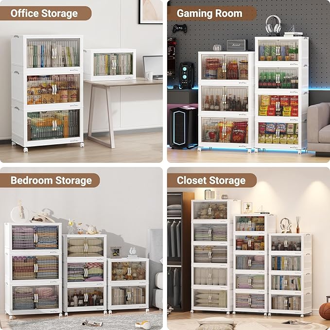 BROVIEW 240Qt Stackable Storage Bins with Lid, Extra Large Closet Organizer Collapsible Drawer Boxes with Wheels, Folding Plastic Cabinet Containers for Home Kitchen Room Organization, 3Pack White