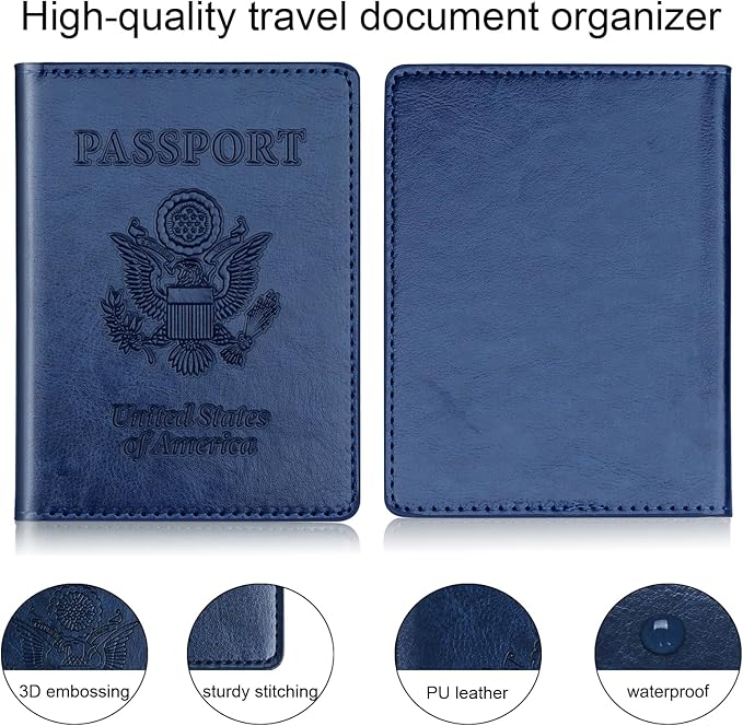 Herain Passport Holder 2Pcs, Passport Cover Wallet Case for Women Men Family, Passports Book Holders Travel Must Haves Cruise Ship Essentials (Dark Blue & Rose Gold)
