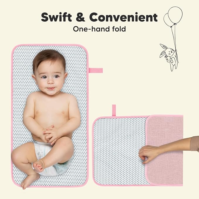 KeaBabies Portable Diaper Changing Pad, Easy Wipe Clean - Foldable Waterproof Baby Changing Mat for Diaper Bag, Compact, Lightweight, 25x13 Baby Changer Travel Essential, Machine Washable (Sweet Pink)