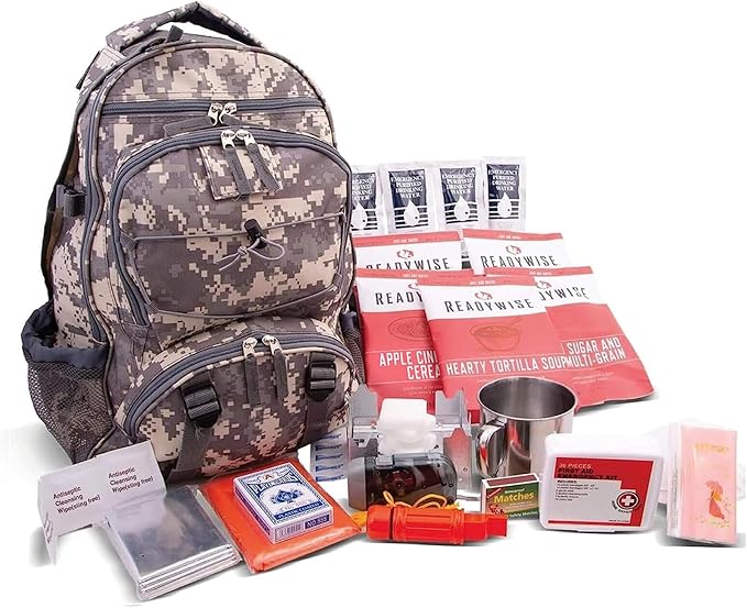 ReadyWise Emergency Survival Gear – Tactical Military Backpack, Camping Essentials Bug Out Bag & Survival Kit, Prepper & Hurricane Supplies, Meal Pouches with up to 25 Year Shelf Life, 64 Piece