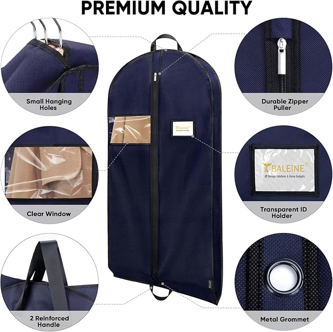 BALEINE 2PK Heavy Duty Garment Bag with Shoe Storage Travel Bag for Dresses, Suit, Coats Travel Essential (60", Blue)