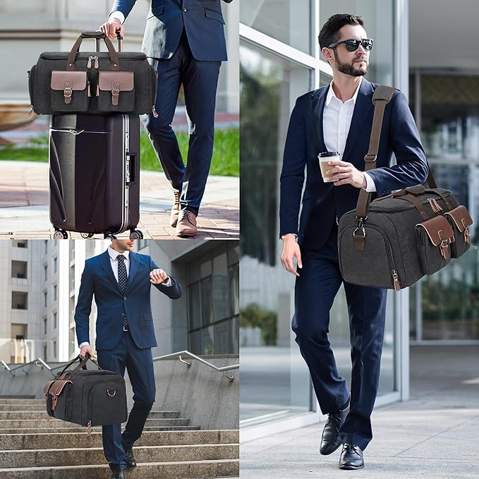 Canvas Garment Bags for Travel, Convertible Carry On Garment Duffel Bag for Men Women, 2 in 1 Suit Bag Hanging Suitcase Business Travel Bag with Shoe Compartment (Black, XL)