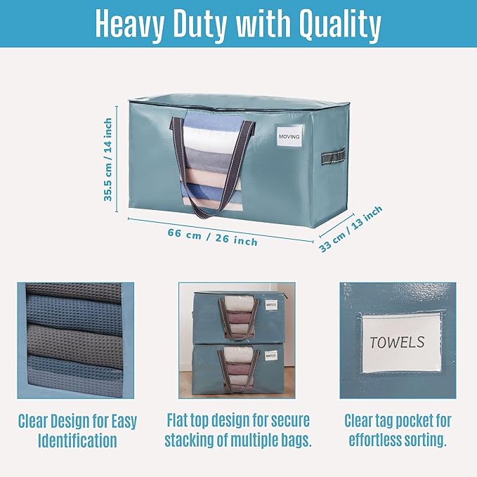 VENO 2 Pack Moving Bags, Comforter and Blanket Storage Bags for Closet, Moving Boxes, Boxes with Lids Alternative, College Dorm Packing Supplies, Foldable Heavy-Duty Tote (Shiny Light Blue, 2 Pack)