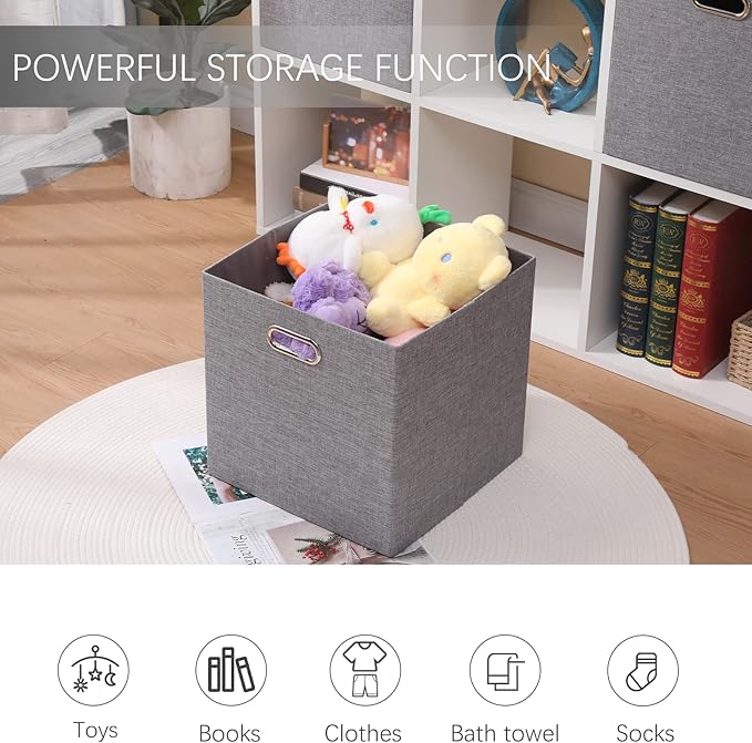 Collapsible Organization Basket Fabric Foldable Box with Handles, 13x13 Cube Storage Bins Set of 4, Thick and Heavy Duty Storage Baskets for Shelves Bedroom Livingroom,Gary