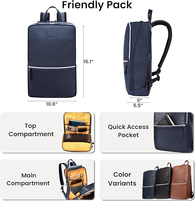 LEATHER VILLAGE Leather Laptop Backpack for Men |Blue | Slim Professional Business Bag Fits 15.6”-Laptop | Water-Repellent Work & Travel Daypack with Trolley Strap