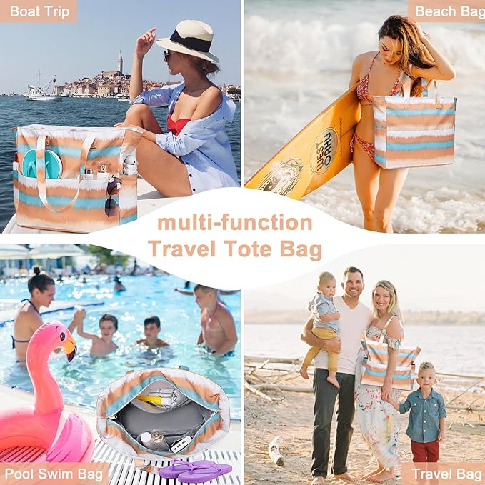 LEDAOU Beach Bag Waterproof Sandproof Women Tote Bag Pool Bag with Zipper for Gym Grocery Travel with Wet Pocket