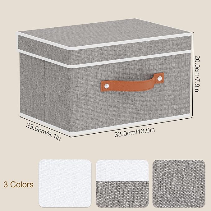 Fabric Storage Bins with Lids, Linen Foldable Clothes Boxes, Closet Organizer Containers with Double Handles, Baskets for Bedroom, Grey, 3 Pack, 13 x 9.1 x 7.9 Inch