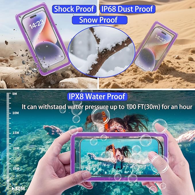 Premium Waterproof Phone Pouch with Lanyard,7.5'' Floating Waterproof Phone Case/Bag for Snorkeling IPX8/Underwater HD Photo/Touch Compatible with iPhone 16/15/14/13 Pro Max Samsungs-Purple