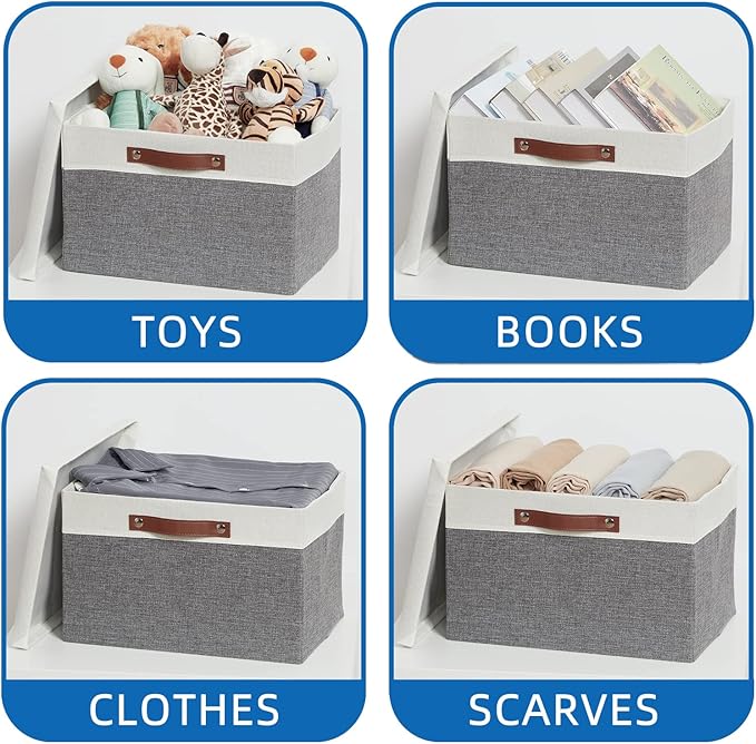 Temary Collapsible Storage Bins Storage Boxes with lid, 2 Pack Storage Baskets with Lid Organizing Clothes, Decorative Organizer Bins with Handles (White&Gray, 15x11x9.5inch)