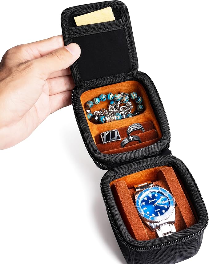 single watch travel case, hard watch case with/compartment for jewelry organizer, rings bracelet cufflink organization