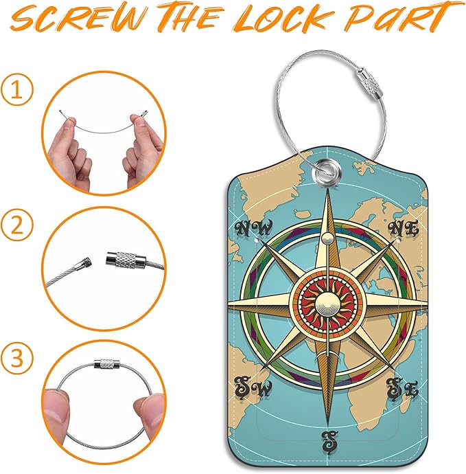 Nautical Compass Retro World Map Luggage Tag for Suitcase 2 Pack Leather Luggage Tag with Privacy Flap Name ID Label and Metal Loop for Women Men Travel