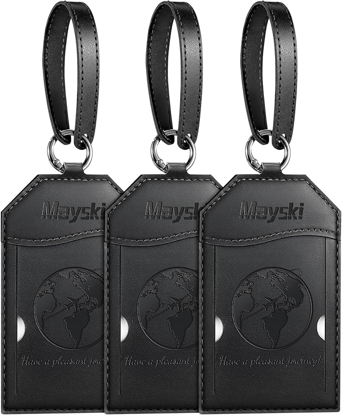 Mayski Luggage Tags for Suitcases 3 Pack Suitcase Bag Tags, TSA Approved, Metal Buckle, Bag Tags with Name ID Card Travel Essentials, Black Global