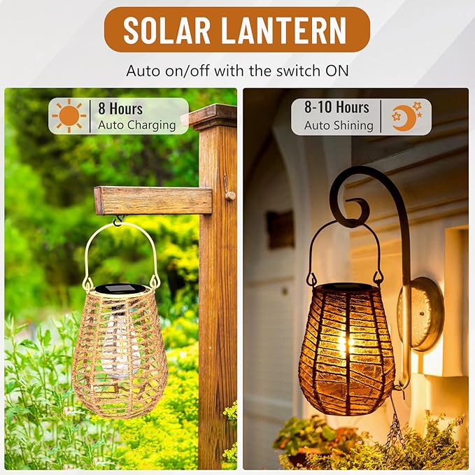 HPC Decor 2 PK Solar Lanterns - Outdoor Waterproof, Hemp Rope Solar Lights,Hanging Solar Lanterns Outdoor,Solar Lamp Lights,Decoration for Garden, Patio, Porch, Trees, Pathway,Outside.