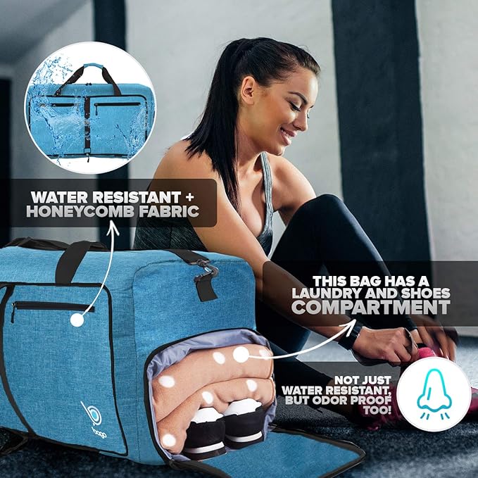 Bago Foldable Duffel Bags for Traveling Women & Men - 60L Medium Packable Duffle Bag for Travel with Shoe Compartment - Water Repellant, Heavy Duty, Lightweight Folding & Collapsible (SnowBlue)