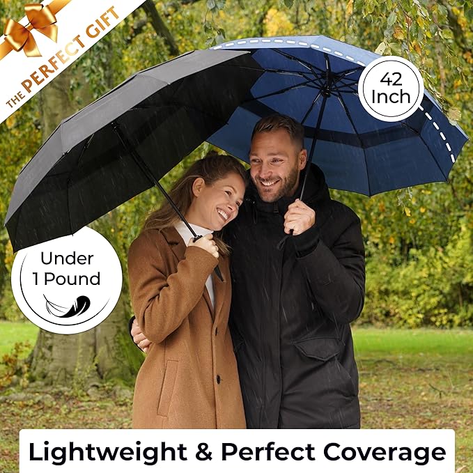 TUMELLA Strongest Windproof Travel Umbrella (Compact, Superior & Beautiful), Small Strong but Light Portable and Automatic Folding Rain Umbrella, Durable Premium Grip, Fits Car & Backpack