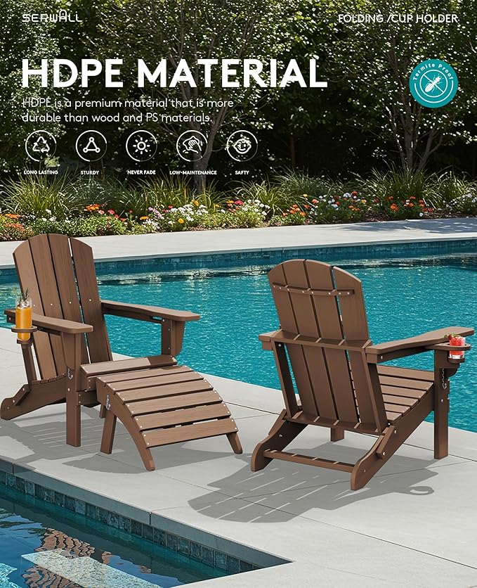 SERWALL Folding Adirondack Chair, Dual Cup Holders & All-Weather HDPE, Wood-Like Patio Chair for Backyard, Camping，Pool & Fire Pit- Brown