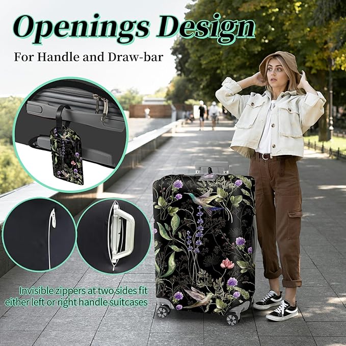 Suitcase Protector Plus 1 Luggage Tag, Wild Flowers Hummingbird Travel Suitcase Cover for 28 inch Luggage with Concealed Zipper Washable Elastic Cloth Dustproof Anti-Scratch