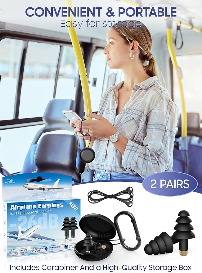 Ear Plugs for Airplane Pressure Relief, 2 Pairs Adults Soft Silicone Reusable Airplane Earplugs 26dB, with Silicone Connector Cord, Travel Essentials for Flying, Ear Protection Earplugs for Plane