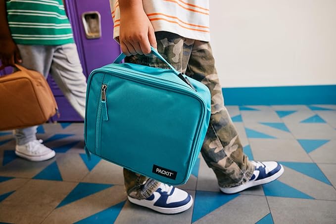 PackIt Freezable Classic Lunch Box, Checker Wave Olive, Built with ECOFREEZE Technology, Collapsible, Reusable, Zip Closure With Zip Front Pocket and Buckle Handle, Designed for Fresh Lunch On the Go