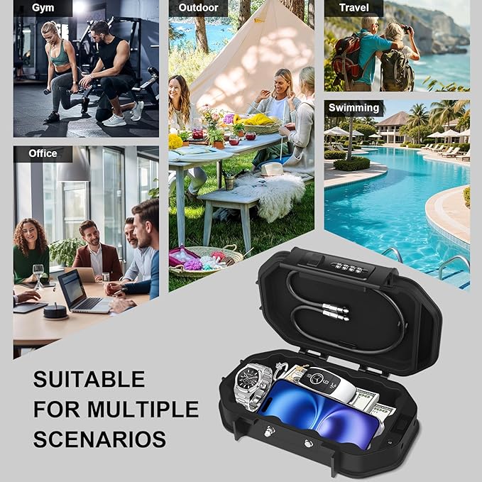 Portable Safe Box, Travel Safe Lock Box with Code, 4 Digit Combination Lock Waterproof Anti-Theft Lock Box with Removable Chain, Portable Lockbox for Beach Outdoor Dorm Hotel Home Car