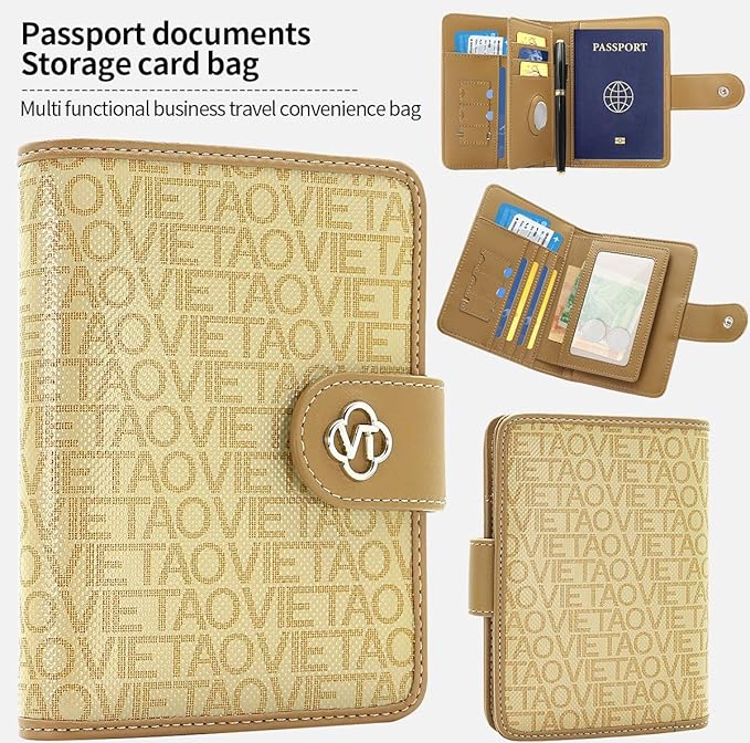 Passport Holder Wallet Bag with AirTag Holder, Card Slots Passport Solt Ticket Cash Solt, Photo Solt Sim Card Pen Slot.Apricot