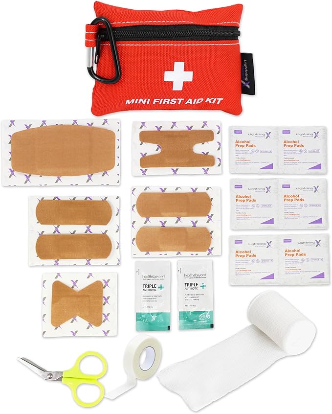 Lightning X Mini First Aid Kit – Compact 20 Piece Emergency Medical Kit with Carabiner | Portable Water Resistant Travel First Aid Pouch for Hiking, Camping, Car, Backpack, Outdoor Survival