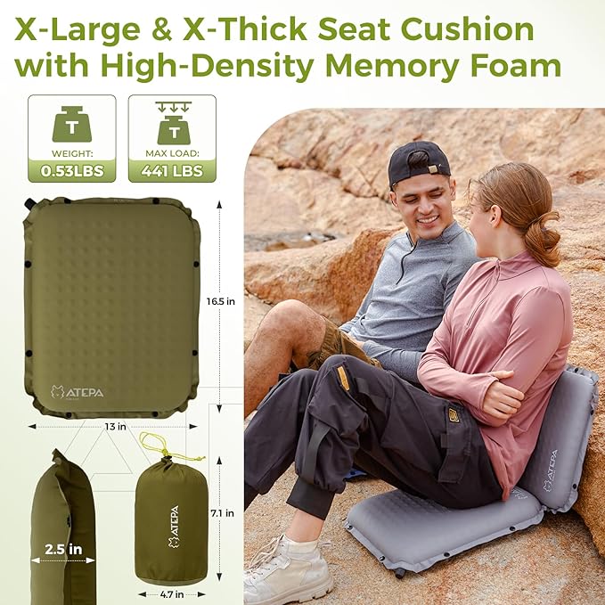 ATEPA Inflatable Stadium Seat Cushion, Self-Inflating Memory Foam Stadium Seats Bleacher Seat Chair Cushion Pad for Airplane Travel Backpacking Sports Events