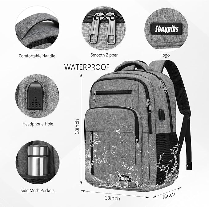 Backpack for Women Men, School Backpack for Boys Girls Teens, Work Computer BookBag, 15.6 inch Laptop Water Resistant Anti Theft Backpack Gifts for men women, Grey