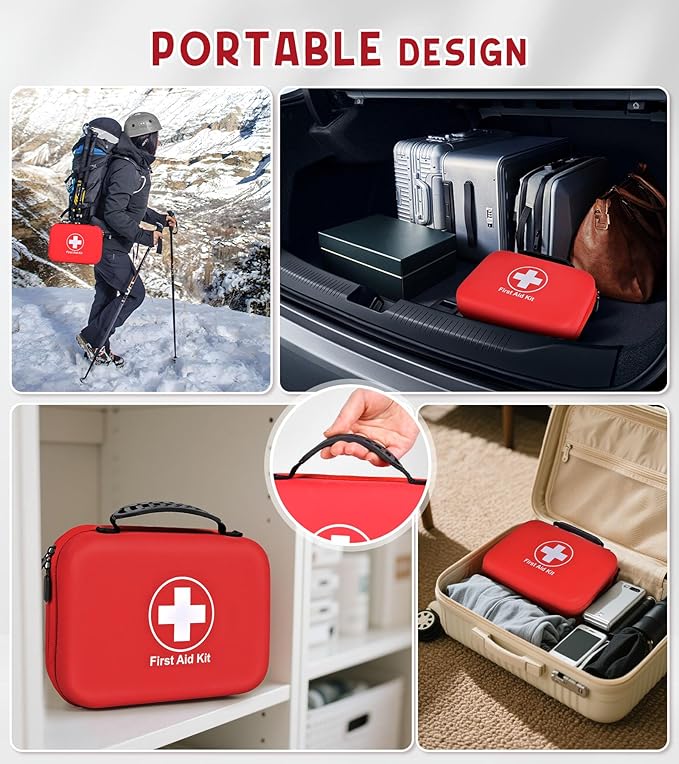242Pcs Compact First Aid Kit, Waterproof Hard Shell Eva Medical Kits, All-Purpose Portable Trauma First Aid Kit for Boat, Home, Car, Travel, Camping, Hiking and Outdoor Emergencies(Red)