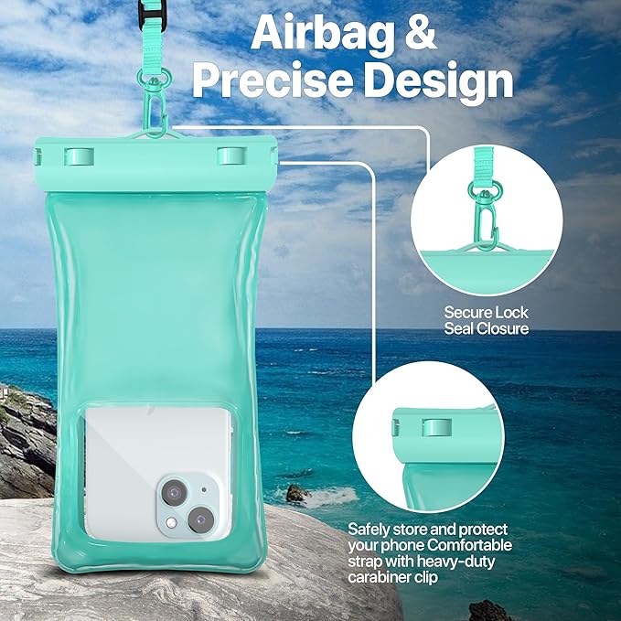 NEPHI IP68 Waterproof Phone Pouch 2 Pack-Up to 8.0"，Adjustable Neck Lanyard Floating Waterproof Phone Case for iPhone,Phone Dry Bags for Vacation Beach Pool Travel Essentials (Aqua Green White 2 pack)