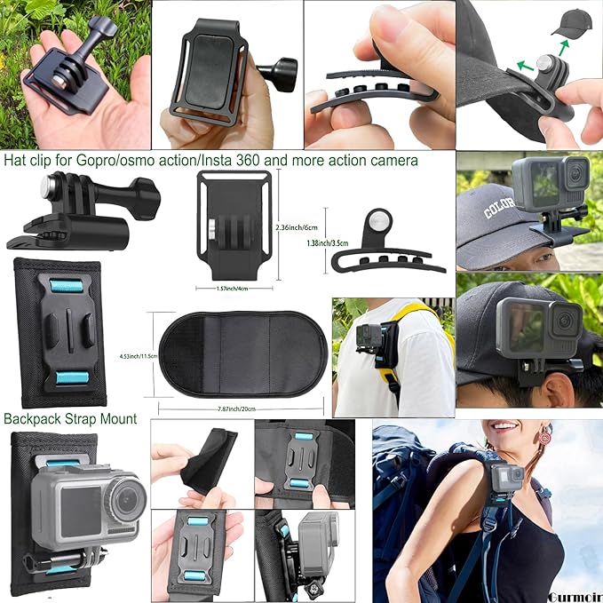 Gurmoir Accessory Kit for Osmo Action 5 pro 4/Insta 360 X5 X4 X3/Go Pro Hero13 12/Gopro Max 2/, Bike Mount/Hat Clip/Helmet Strap/Backpack Mount kit for Gopro/Osmo Action/Insta 360(DT18)