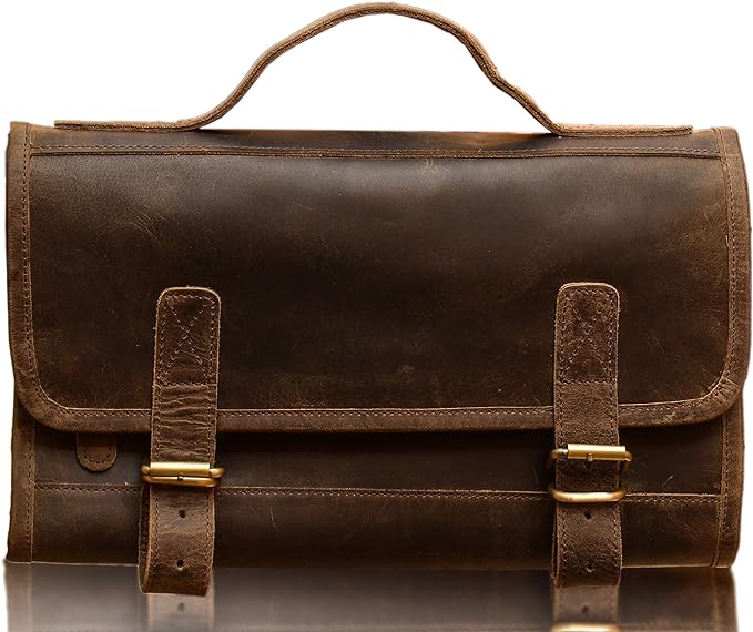 KomalC Premium Buffalo Leather Hanging Toiletry Bag Travel Dopp Kit