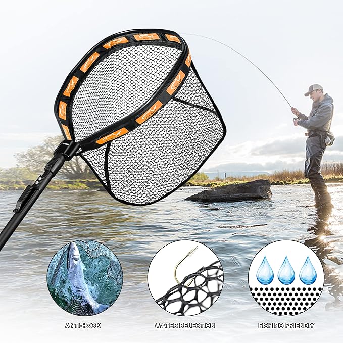 PLUSINNO Floating Fishing Net for Steelhead, Salmon, Fly, Kayak, Bass, Trout Fishing, Catfish, Rubber Coated Landing Net for Easy Catch & Release for Easy Transportation & Storage