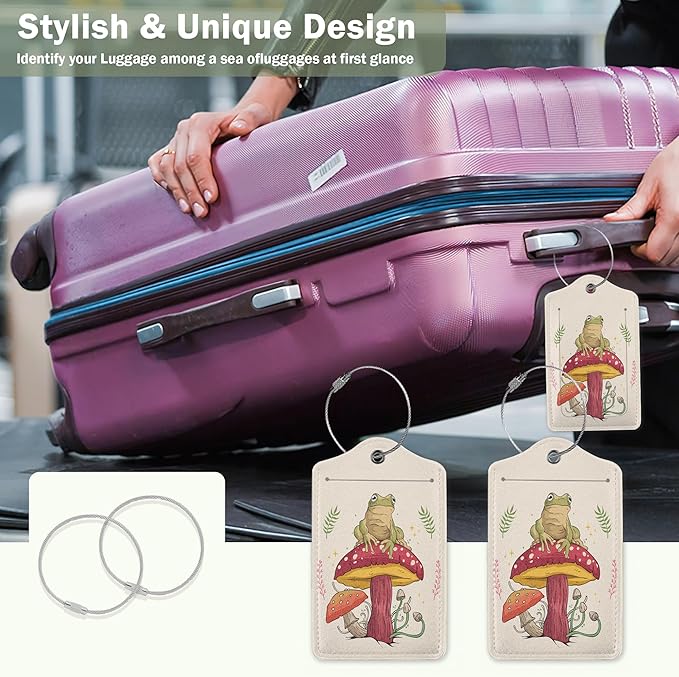 2 Pack Luggage Tags for Suitcase,Frog Sitting On Mushroom Leather Luggage Tag Bag Tags Identifiers Privacy Cover Id Label with Steel Loop for Women Men Girls Boys Travel