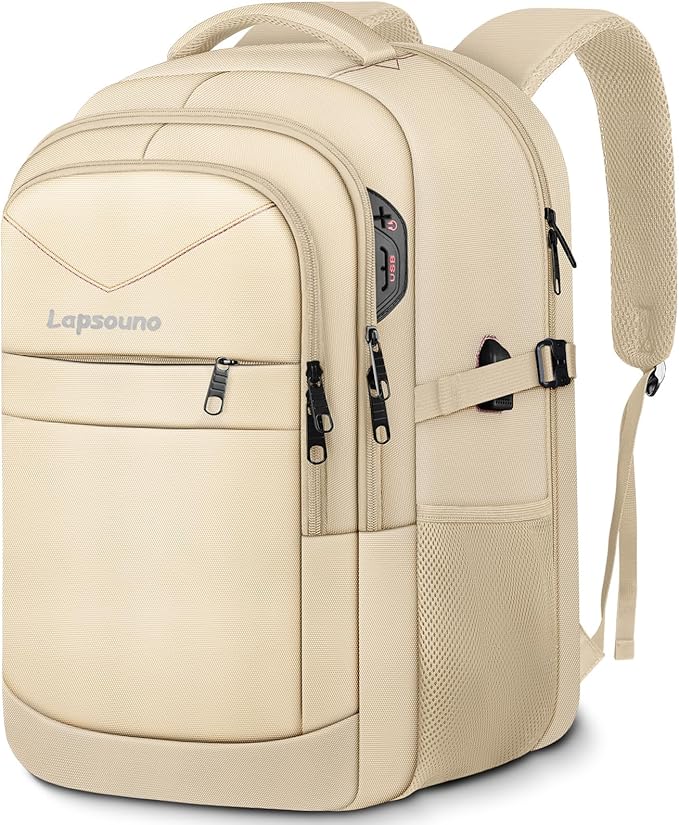 Lapsouno 15.6 Inch Laptop Backpack for Women, Large Travel Carry on Backpack, Water Resistant TSA Friendly with USB Port, College School Bag Gifts for Women, Light Yellow