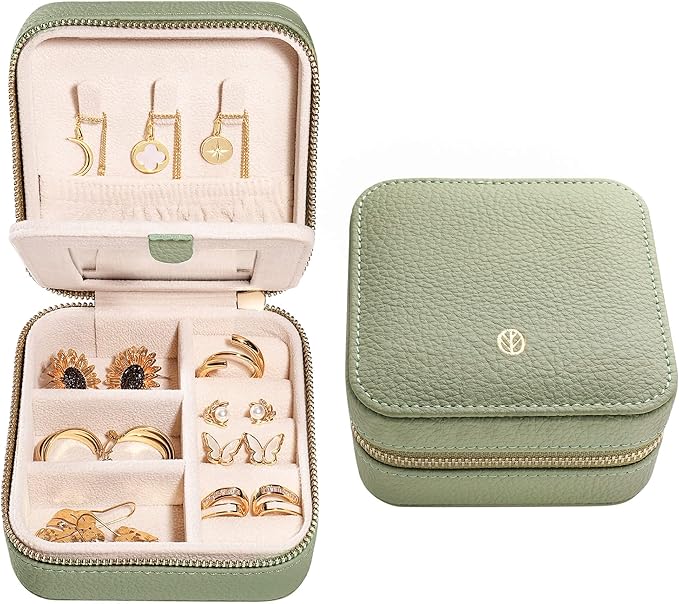 S.Leaf Travel Jewelry Organizer Travel Jewelry Boxes for Women Small Jewelry Travel Case Box Portable Travel Jewelry Case Travel Case Mini Jewelry (04_Lychee_Sage_Green)