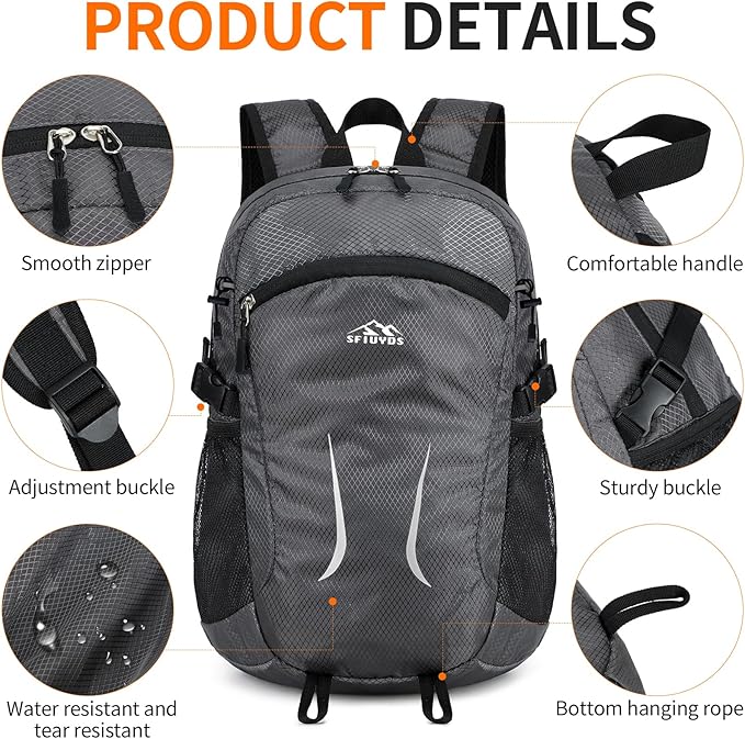 Hiking Daypack,30L Waterproof Hiking Backpack Packable Lightweight Travel Day Pack for Women Men (Grey, Large)