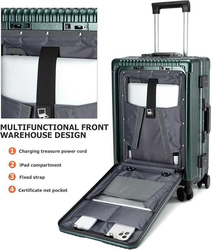 feilario 20in Aluminium Frame PC Hard Shell Spinner Wheels Luggage, Built-In TSA lock Carry on Suitcase, with Cup Holder, USB Port, Phone Holder