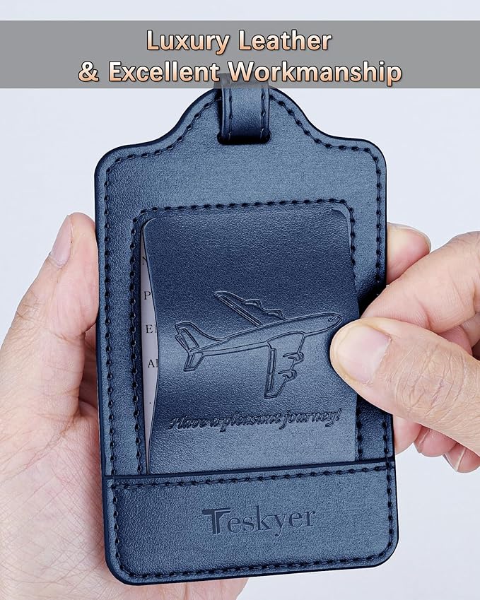 Teskyer Luggage Tags, 3 Pack Premium PU Leather Luggage Tags for Suitcases, Privacy Protection Travel Bag Tags, Blue
