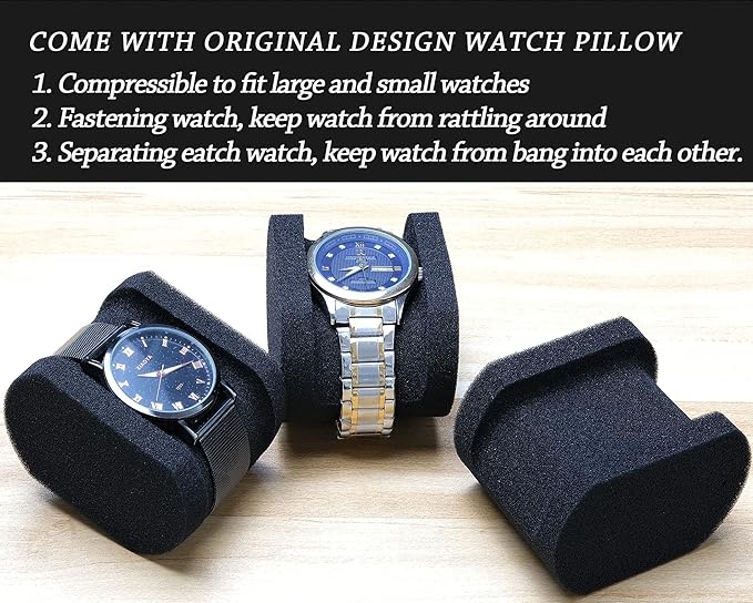 Hard Compact Watch Roll travel case, 2 Slots Portable holder and Organizer with Soft Pillow, keep watch from moving(fit up to 55 mm)