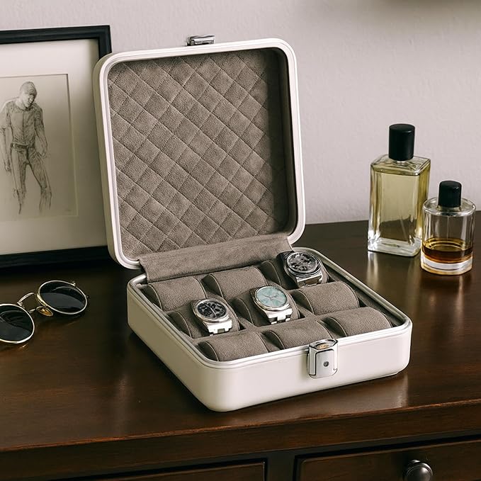 Bey-Berk Prague Aluminum Watch Case in Silver – 9-Slot Locking Travel Box with Soft Interior for Watch Storage