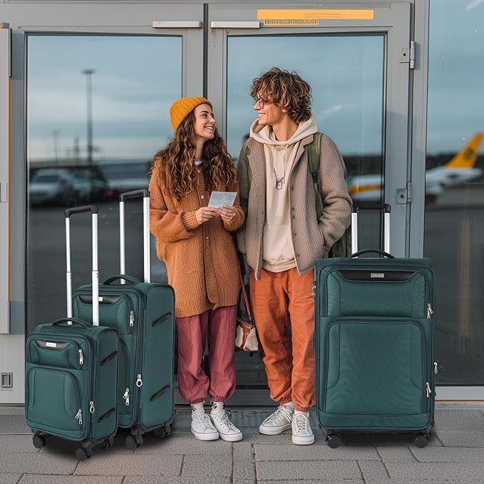 3-Piece Softside Expandable Luggage Set with Front Open Pocket, Lightweight and Durable Oxford Fabric Suitcase Set with TSA Lock (Dark Green, 20in/24in/28in)