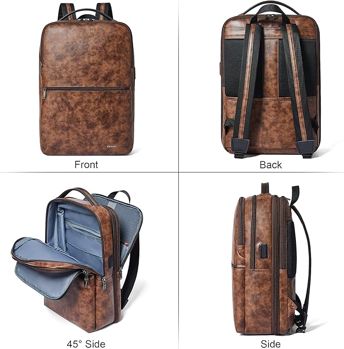 Vegan Leather Laptop Backpack for Women&Men,16 Inch Expandable Backpack with USB Charging Port,Two-toned Brown