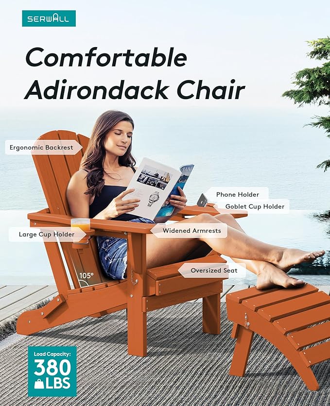 SERWALL Adirondack Chair with Cup Holders - Composite Adirondack Chairs Set of 2 HDPE Outdoor Chairs All Weather Use- Orange