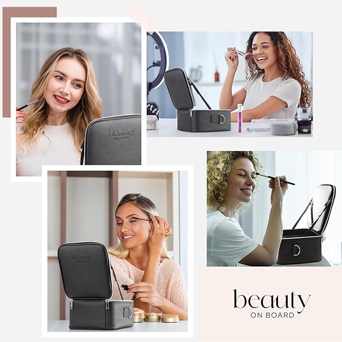 Makeup Bag with LED Mirror, PU Leather Makeup Case - 3 Adjustable Brightness Levels, Lighted Cosmetic Case with Mirror, Dividers - Make Up Portable Storage Travel Organizer with Handle