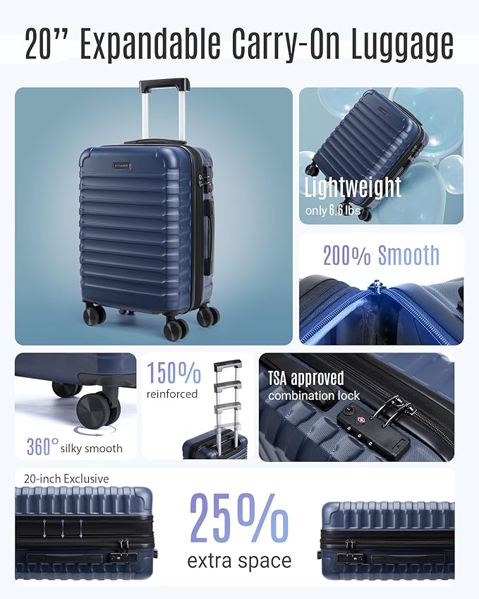 LIGHT FLIGHT Carry On Luggage 22x14x9 Airline Approved, Carry On Suitcases with Wheels, Expandable Hardside Lightweight Rolling Travel Luggage with TSA Lock 20 Inch Carryon, Dark Blue