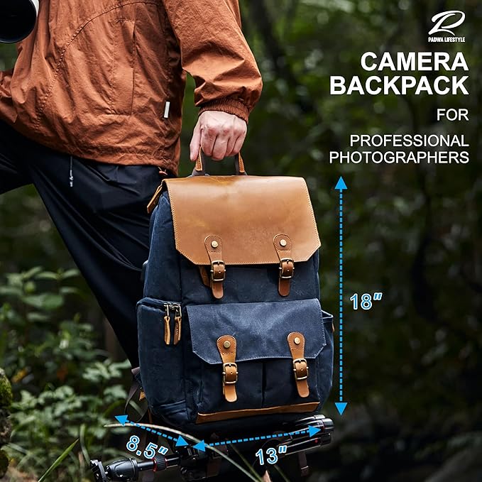 Padwa Lifestyle Blue Camera Backpack - Waxed Memory Weather Resistant Canvas Large Camera Bag,Multifunctional Dslr Camera Backpacks with Multi Cameras,Lens & 16” Laptop Compartment for Photographers